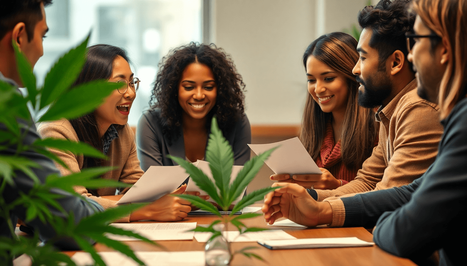 A diverse group of people animatedly discussing around a table, surrounded by cannabis leaves and legal documents, symbolizing cannabis legalization and political engagement.