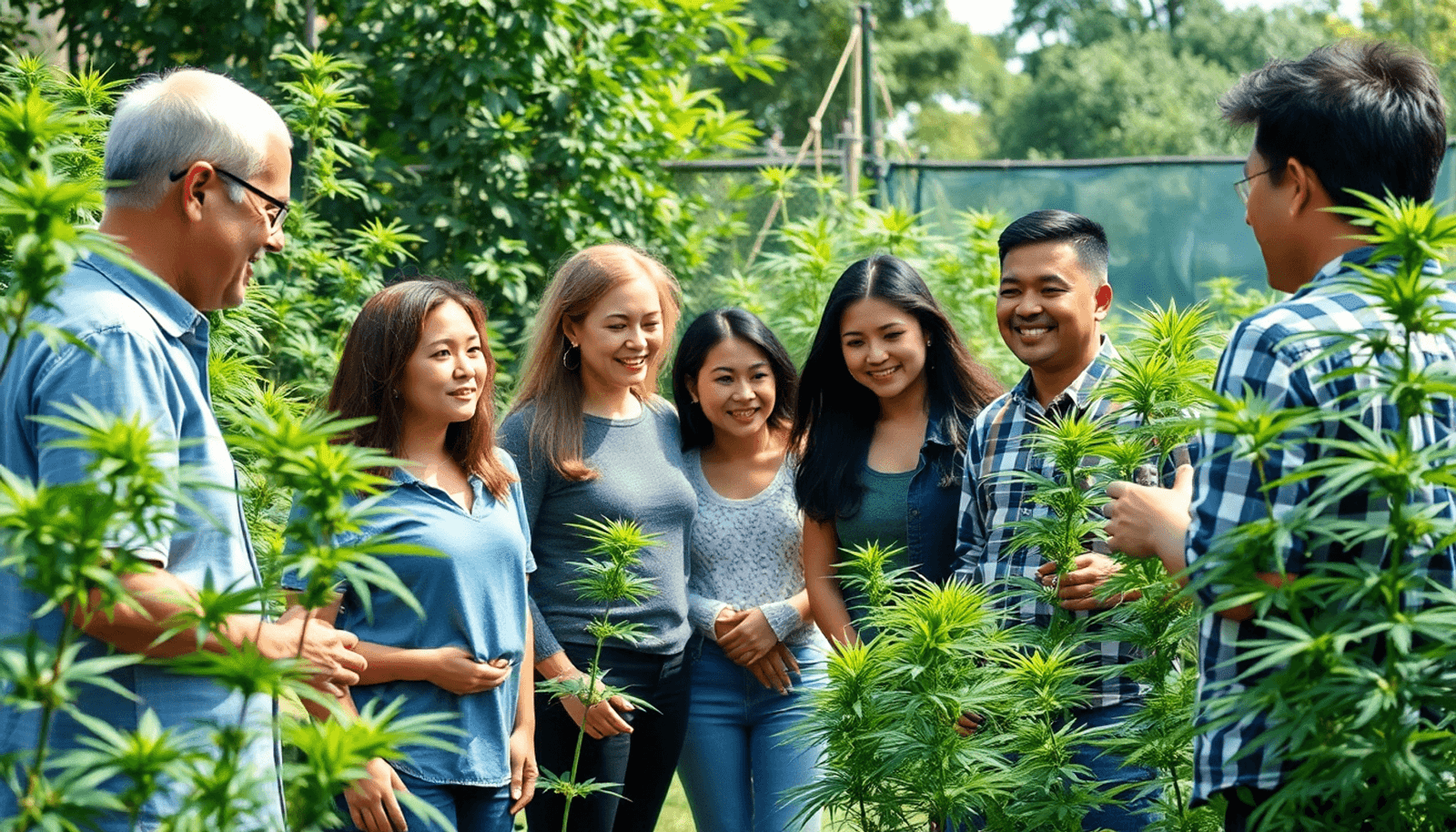 A group of people in a lush community garden discussing cannabis plants, surrounded by vibrant greenery, showcasing cooperation and community involvement.