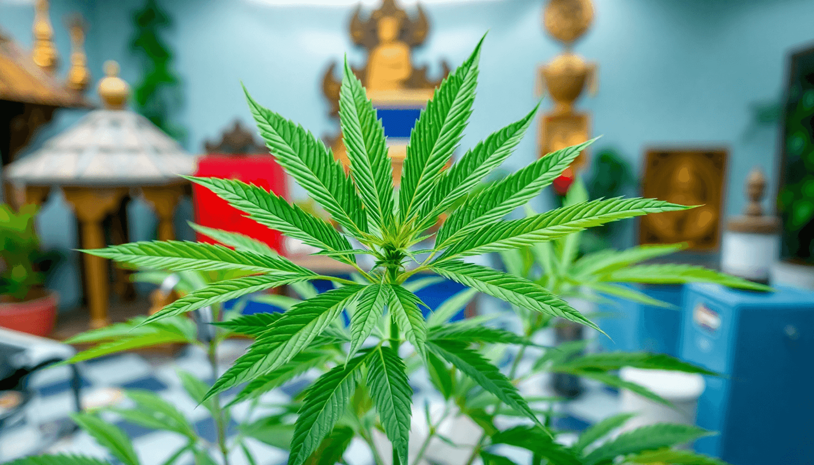 A healthy cannabis plant with vibrant green leaves in a medical setting, surrounded by traditional Thai architectural elements and cultural symbols.