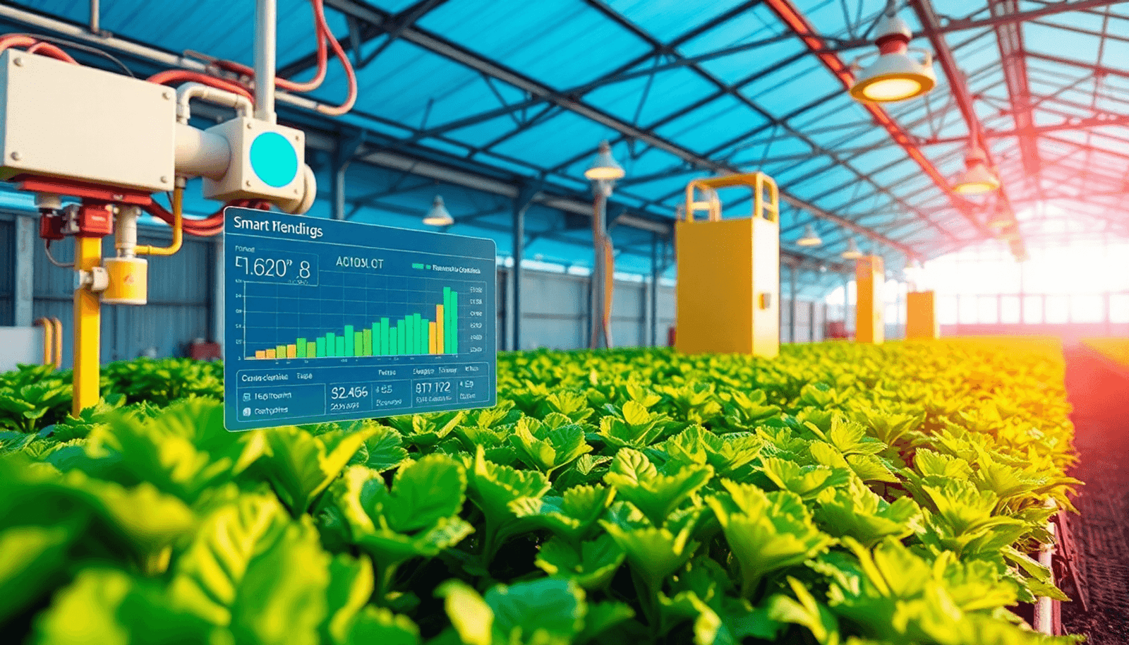 A modern agricultural scene featuring smart sensors and automated systems among lush crops, with a digital interface showcasing data analytics for resource optimization.