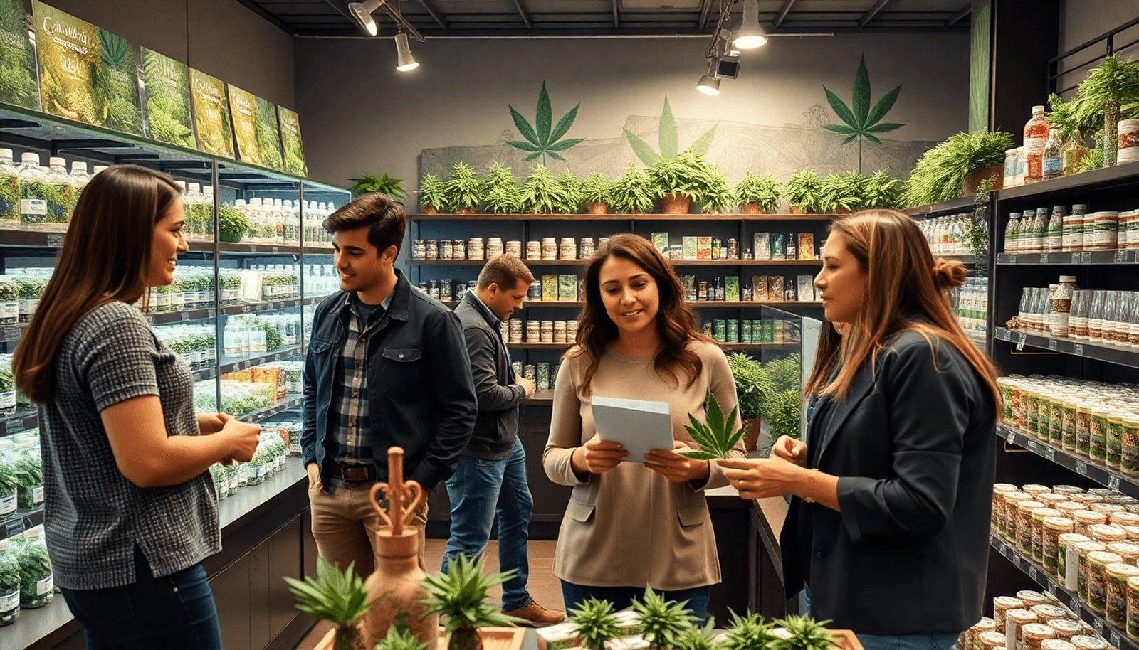 A modern cannabis dispensary interior with a diverse group of adults interacting with staff and examining various cannabis products in a welcoming atmosphere.