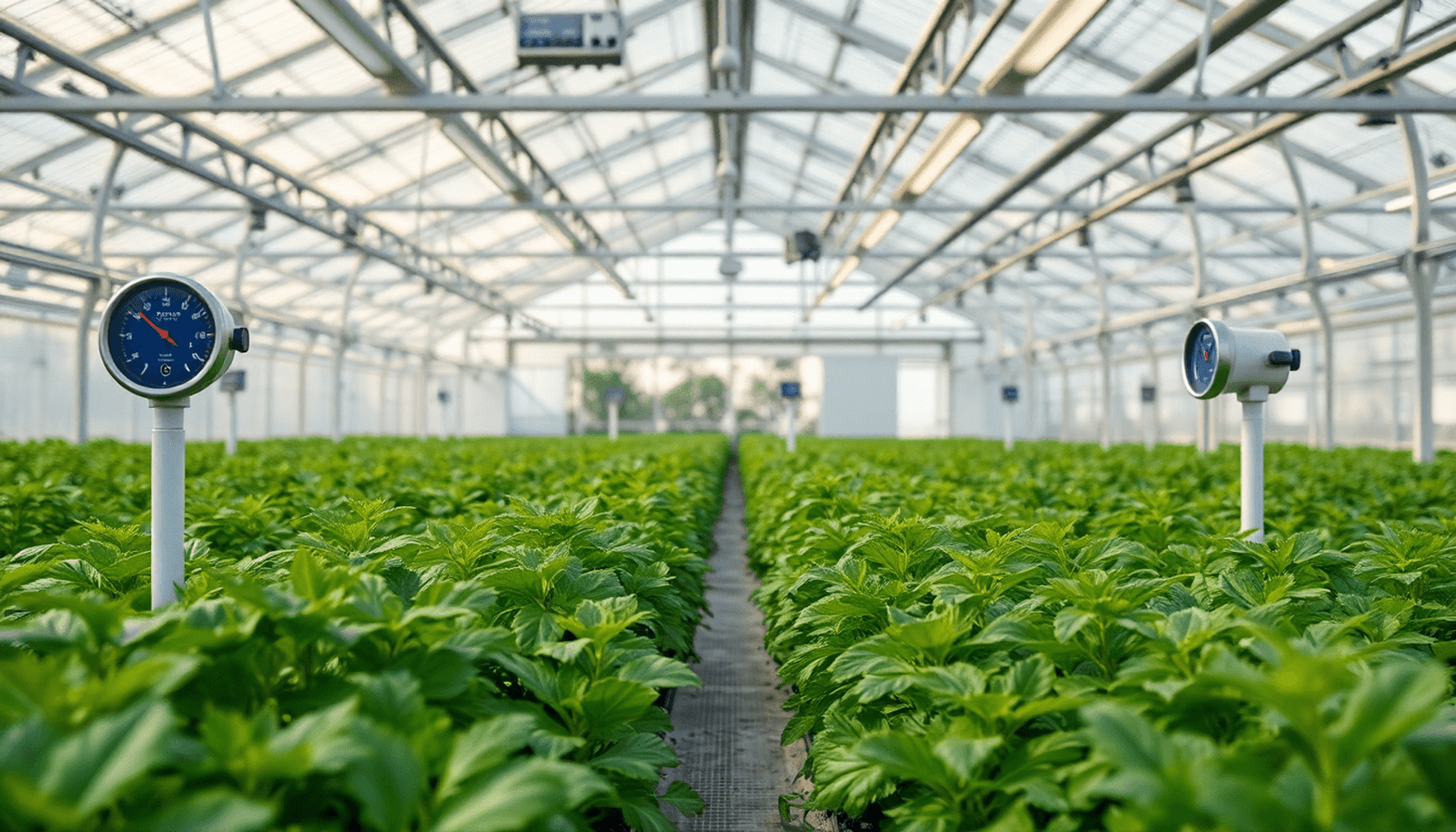 A modern greenhouse filled with thriving plants, featuring advanced technology like hygrometers and thermometers, showcasing innovation and sustainability in agriculture.