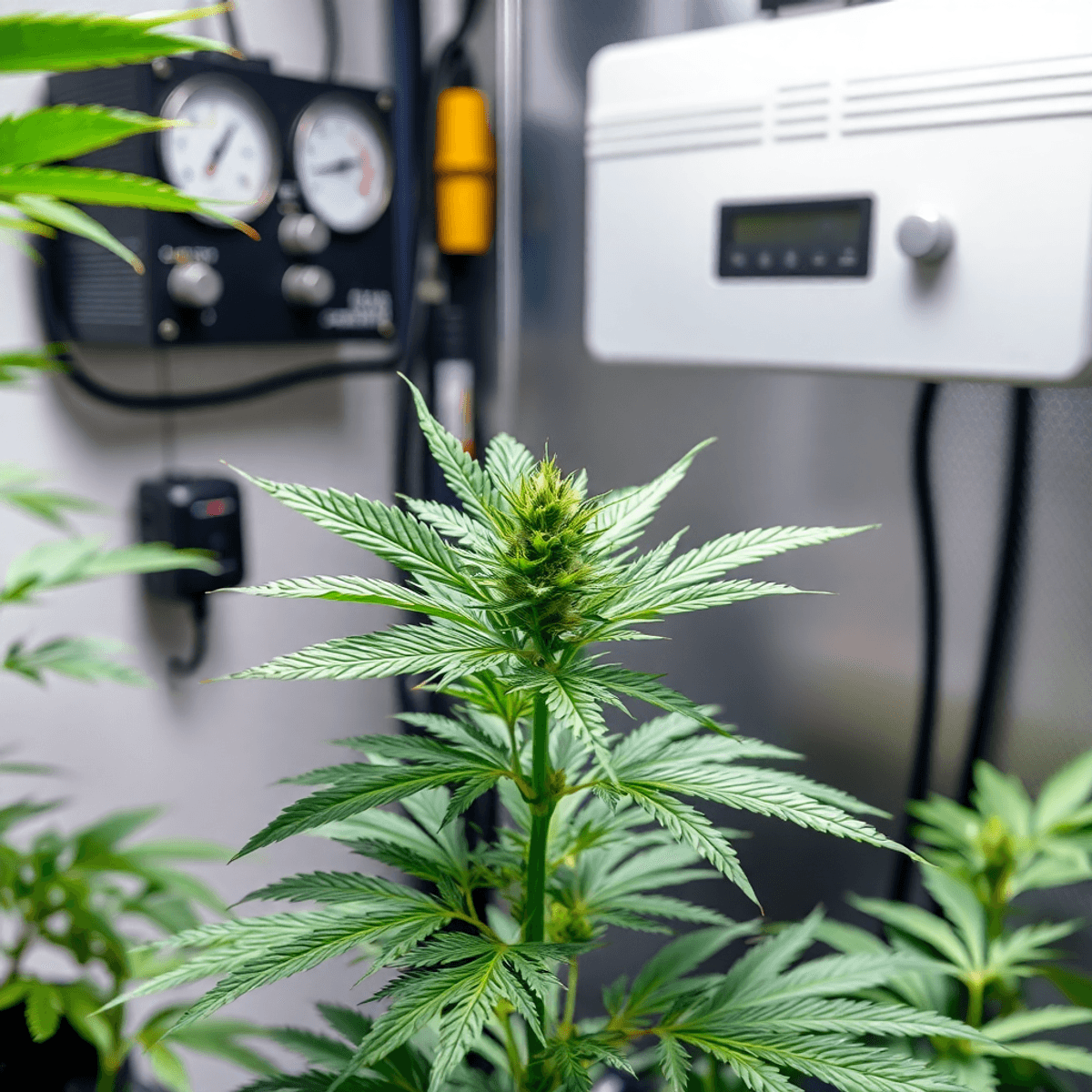 A vibrant cannabis plant with lush green leaves in a clean indoor grow space, featuring humidity control equipment like hygrometers and humidifiers.