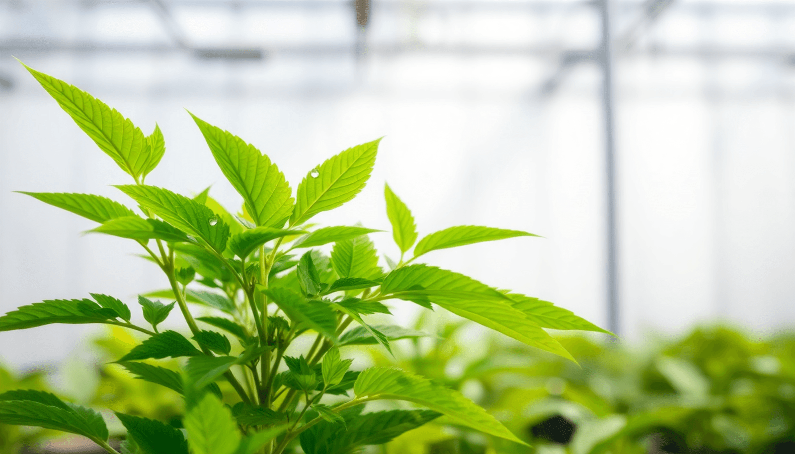 A vibrant green plant with healthy leaves and strong stems, illuminated by natural light, set in an indoor space resembling a greenhouse, with water droplets glistening on the leaves.