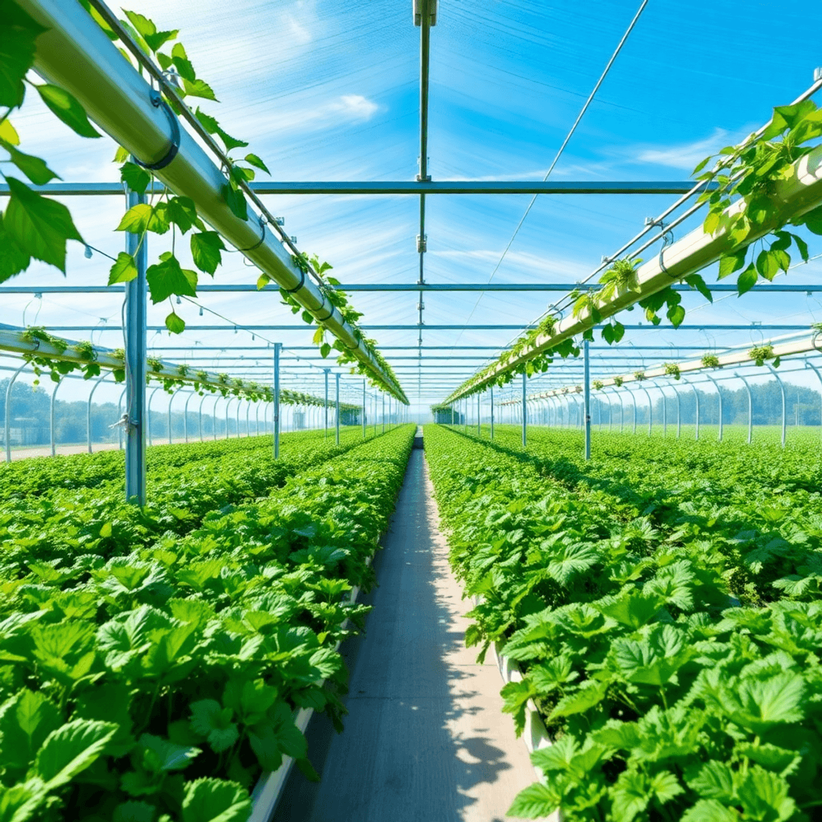 A vibrant greenhouse filled with lush crops under advanced lighting and irrigation systems, set against a clear blue sky, symbolizing sustainability and innovation.