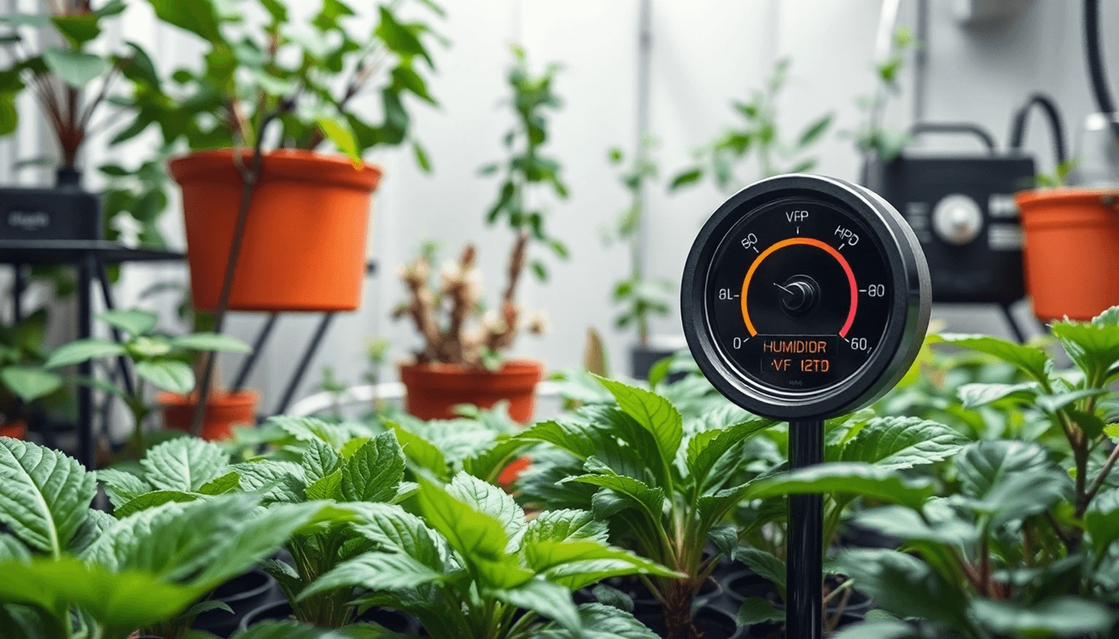 A vibrant indoor garden filled with diverse healthy plants, featuring a digital gauge displaying humidity and VPD levels, surrounded by mist and humidity control equipment.