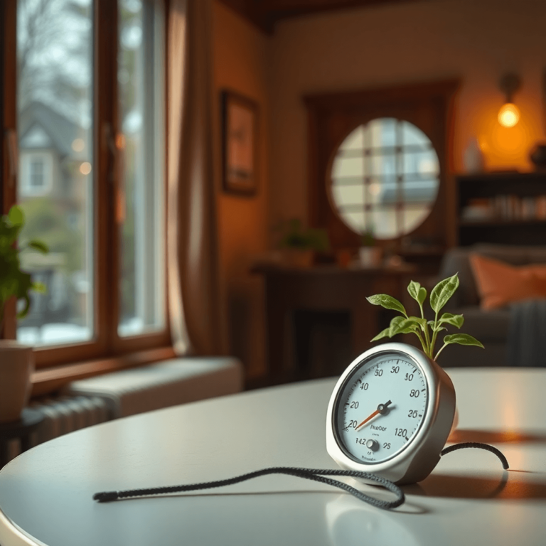 A cozy indoor space with a hygrometer on a table, condensation on a window, and a small damp plant, all creating a warm and inviting atmosphere.