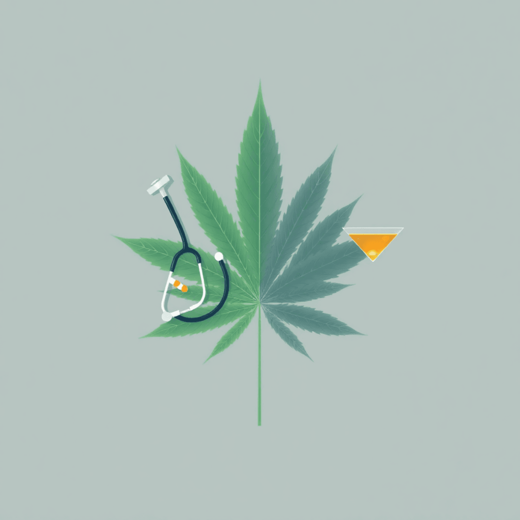 A minimalist cannabis leaf split in half; one side features a stethoscope and pills for medical use, the other a cocktail glass for recreational us...