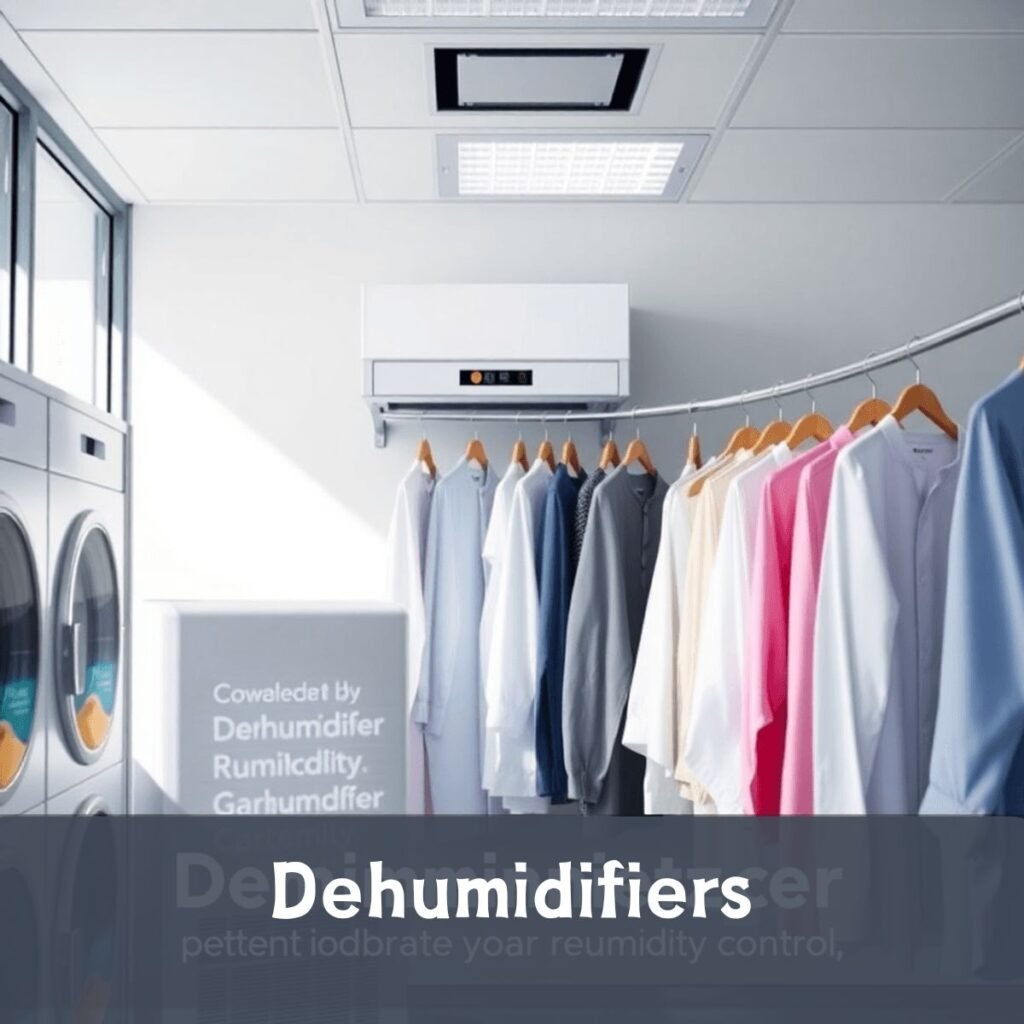 A modern dry cleaning store interior showcasing a dehumidifier in use, with neatly hung freshly cleaned garments in a bright and inviting atmosphere.