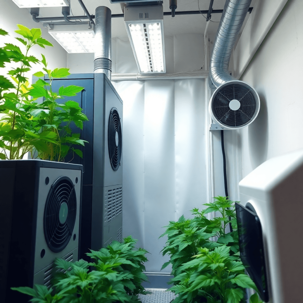 A modern grow room with lush green plants under controlled lighting, featuring dehumidifiers and inline duct fans, showcasing advanced agricultural...