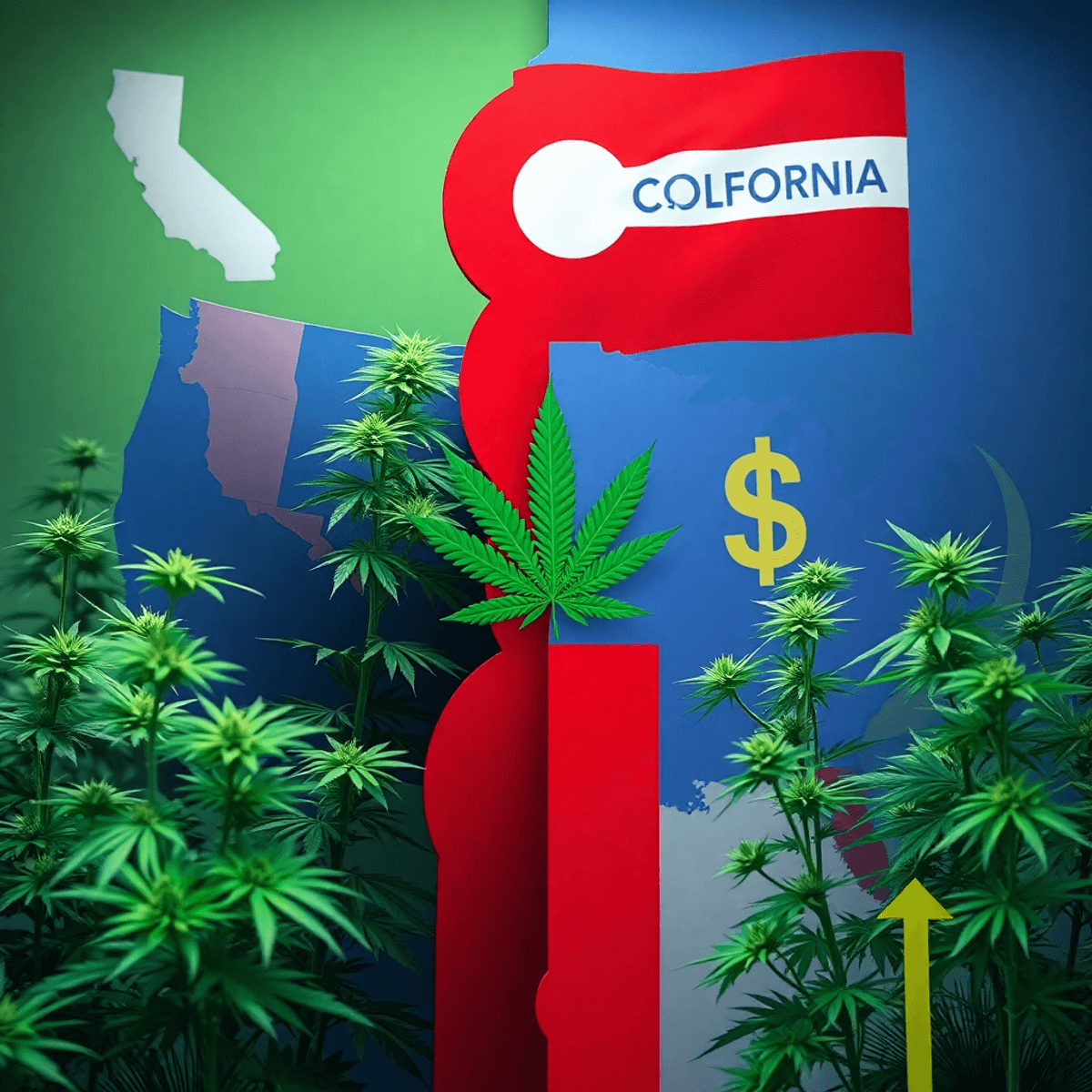 A split scene showing vibrant cannabis plants on one side and a political backdrop with state maps of California and Colorado, highlighting economi...