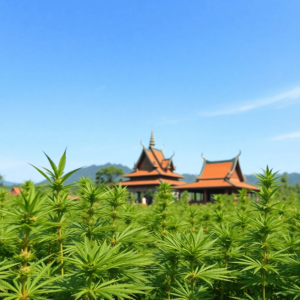 A tranquil Thai landscape showcasing vibrant green cannabis plants in the foreground, traditional architecture behind, under a clear blue sky, symb...