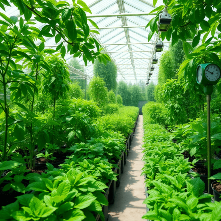 A vibrant greenhouse filled with a variety of healthy green plants, humidity gauges, and temperature controls, creating an ideal environment for th...