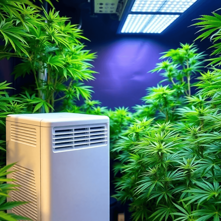 A vibrant indoor cannabis grow room with lush green plants under bright lights and a sleek dehumidifier, showcasing a balanced and healthy growing ...