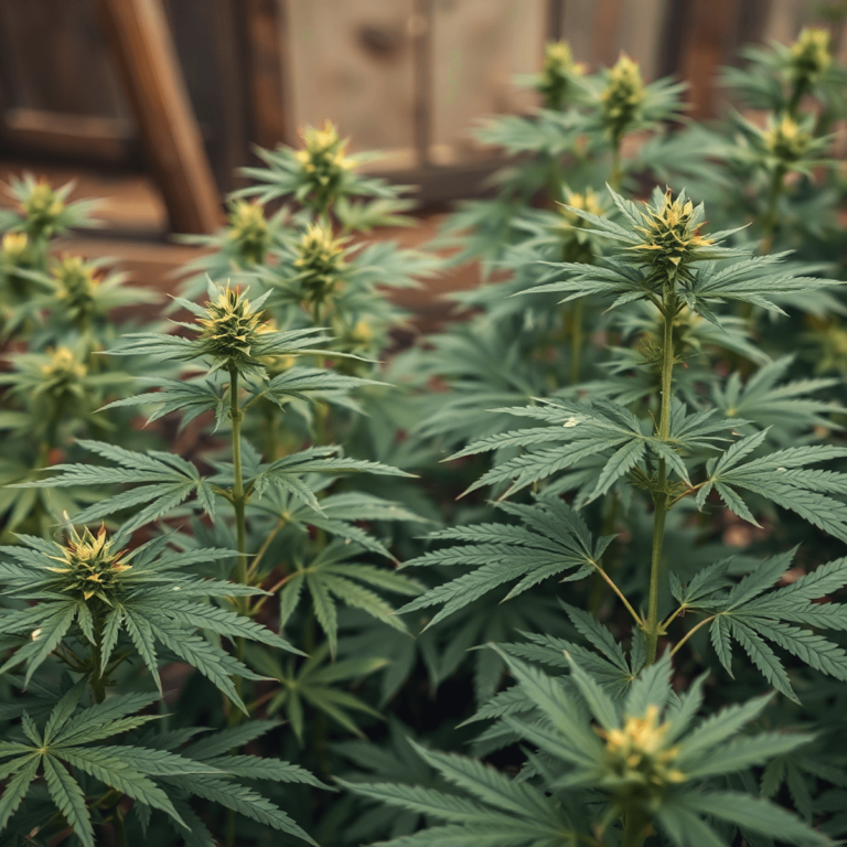 A vintage-style image of healthy cannabis plants with white spots on the leaves, set against a rustic farming background, highlighting plant care c...